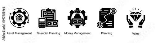 Financial planning icon set featuring asset management,money management,and planning icons.Suitable for financial advisory and business planning.