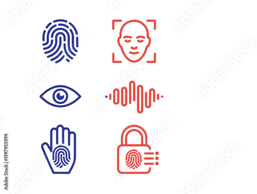 Biometric authentication icons for digital identification featuring fingerprints face recognition and voice