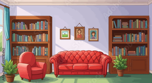 A brightly lit living room features a red sofa bookshelves artwork and potted plants inside