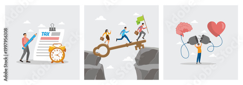 Man with Tax Paper Document. Walk On Key Success. Connect Heart Feeling with Logical Thinking.