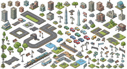 Isometric City Elements Collection for Game Design and Illustration.