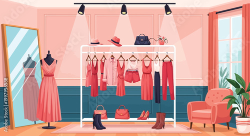 A brightly lit boutique showcases a collection of stylish women s clothing and accessories reflected in a mirror