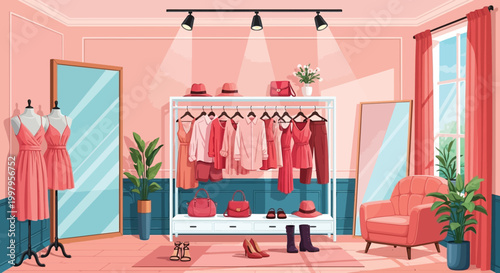 A brightly lit walk in closet featuring clothing racks mannequins a vanity and decorative plants