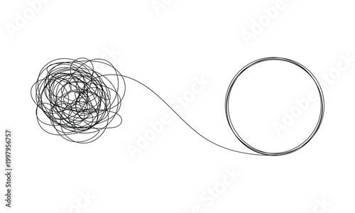 Chaos and order abstract minimalist vector illustration. Concept of a complex disorganized problem represented by a tangled continuous black line that needs unraveling . Vector Illustration . EPS 0 .