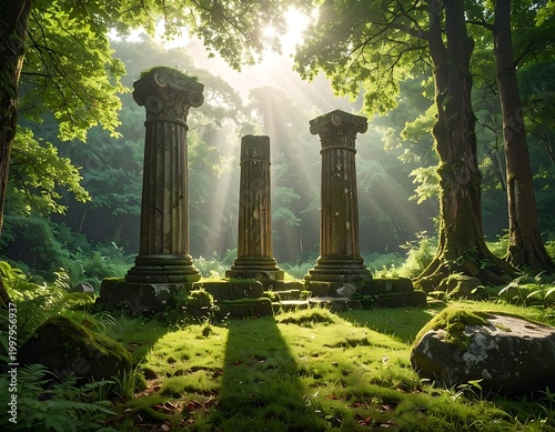 Ancient stone pillars stand amidst a sunlit forest glade surrounded by lush greenery