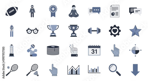 A collection of flat blue icons representing various achievements sports and business concepts high quality