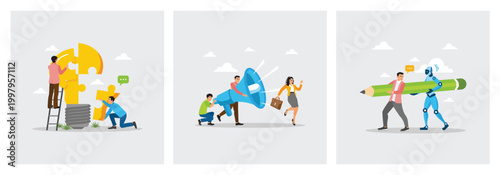 Assemble Puzzle Pieces Lightbulb. Woman Escapes a Giant Megaphone. Human and Robot Carry Pencil.