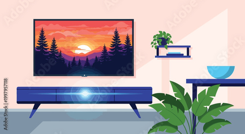A modern living room displays a wall mounted television showing a vibrant sunset landscape scene