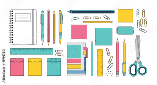 A colorful illustration of various school supplies
