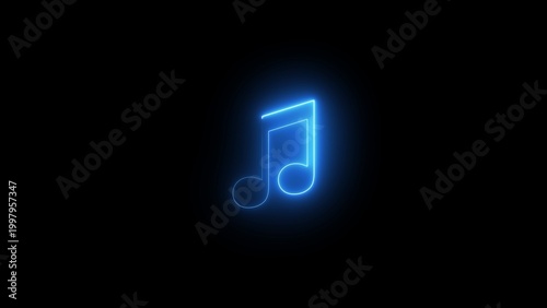 Glowing blue musical eighth note on black background musical note neon.