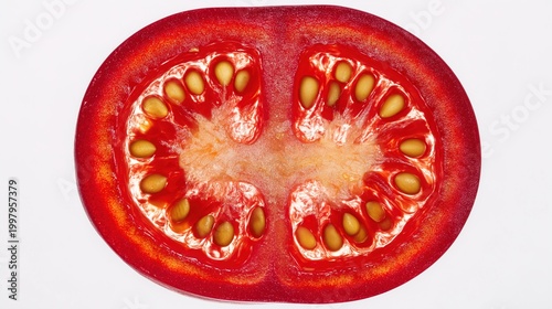 Cinematic macro cross-section of an heirloom tomato, showcasing a radial starburst pattern of seed chambers filled with golden-yellow gel, isolated on a black background.