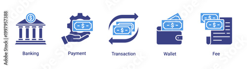 Banking icon set featuring payment,transaction,wallet,and fee icons.Suitable for fintech apps and digital financial services.