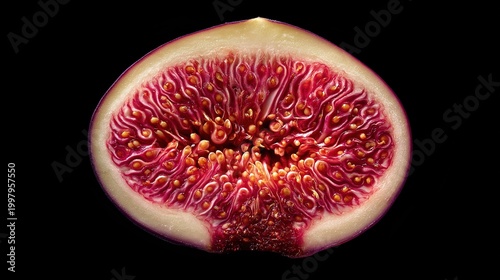 Extreme macro cross-section of a fresh ripe fig isolated on black, revealing the extraordinary intricate internal texture of red seeds and vibrant magenta pulp.