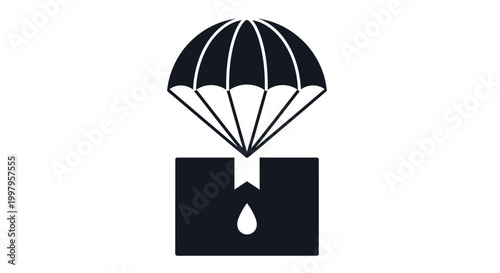 A simple black and white icon depicts a parachute above a box with a droplet below