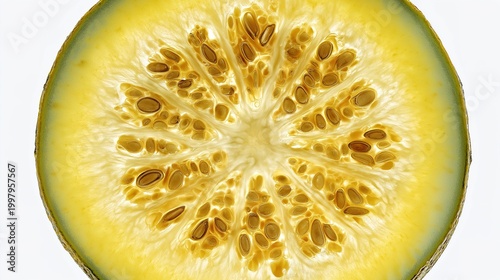 High-key macro cross-section of a fresh yellow-fleshed watermelon isolated on white, showcasing a perfect radial pattern of golden seeds and juicy pale yellow pulp.