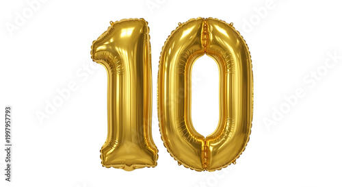 Golden number 10 balloon isolated on transparent background