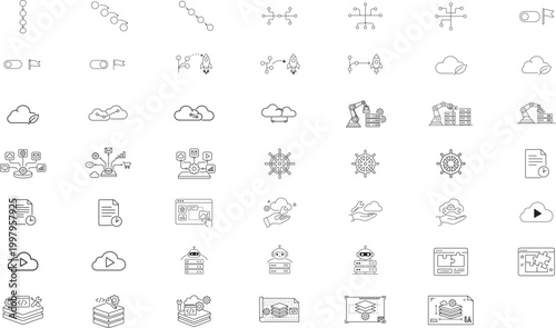 48 Minimalist Cloud Computing and DevOps Vector Icon Set with Editable Stroke; Line Icons for Infrastructure Automation, GitOps, PaaS, Hybrid Cloud, Integration, and Software Development Design.