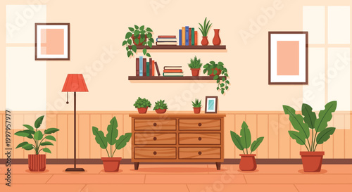 A cozy interior scene displays a wooden dresser floating shelves and numerous potted plants