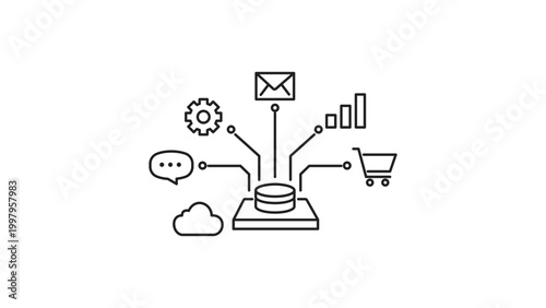 Bild auf Leinwand Integration Platform Minimalist Black Line Vector Icon on White Background Representing Multiple Data Sources, Cloud, Email, Analytics, and E-commerce with Editable Stroke for Customization