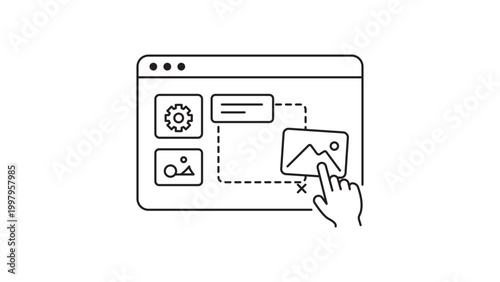 Drag and Drop Website Builder Interface Vector Icon with Editable Stroke, Minimalist Line Illustration of Hand Moving Image Block in Browser Window for Low Code Development and UI Design.