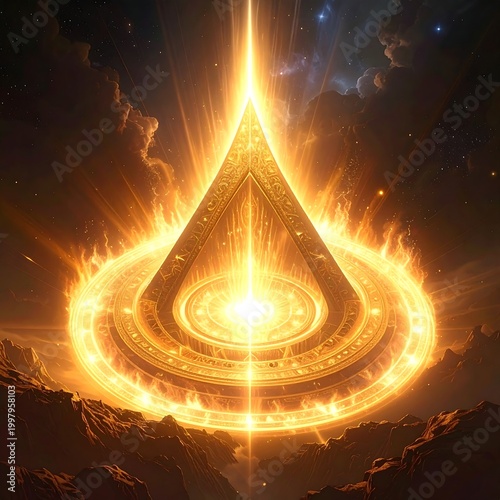 A radiant, glowing triangle surrounded by fiery concentric circles