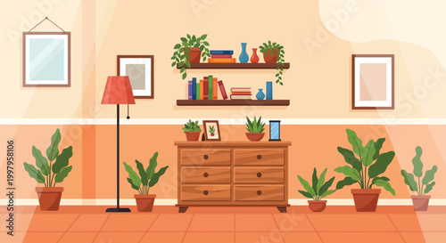 A cozy living room interior features a wooden dresser shelves with books and several potted plants