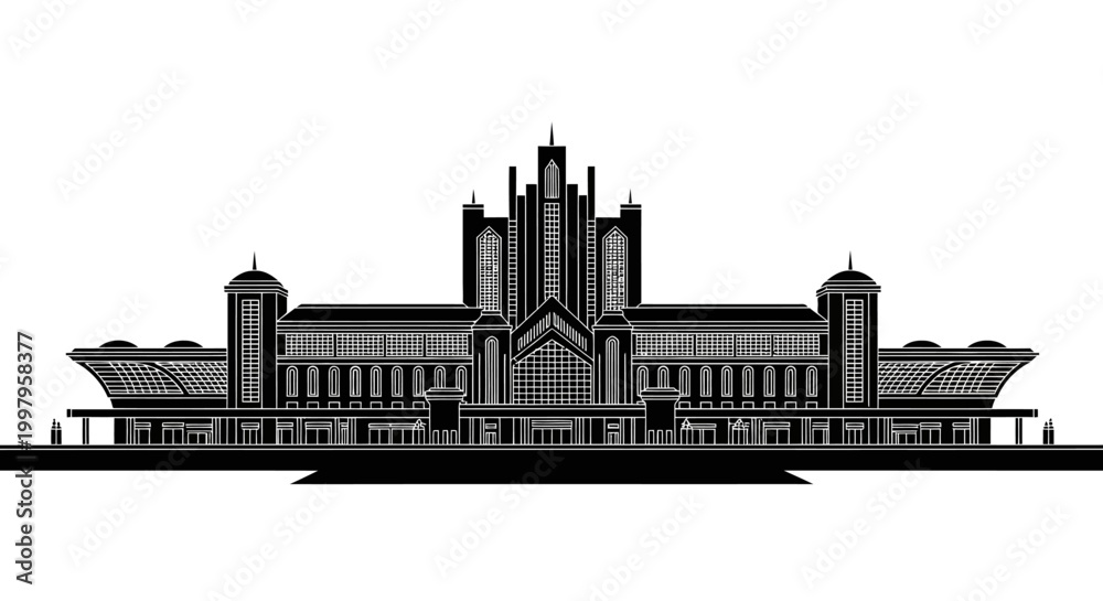 Fototapeta premium Black and white silhouette of a grand historic railway station