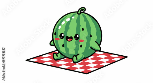 Cute kawaii watermelon character sitting on a picnic blanket.