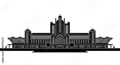 Black and white silhouette of a grand historic railway station