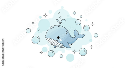 Tableau sur toile Cute cartoon blue whale swimming with bubbles, perfect for kids' designs