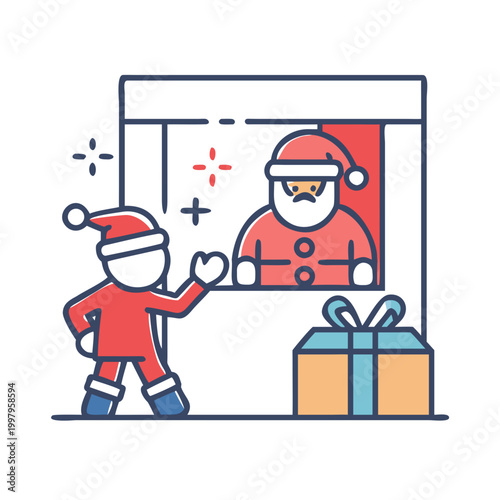 Santa video call with child and gift in festive flat illustration