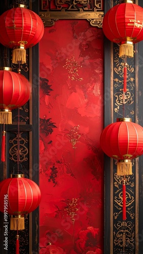A red decorated wall with hanging lanterns