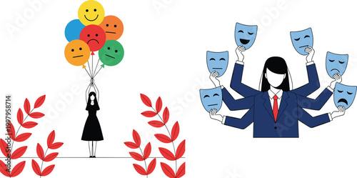 Flat Style Woman Holding Emotion Balloons and Businesswoman Wearing Multiple Masks Mental Health Concept Vector Illustration Set