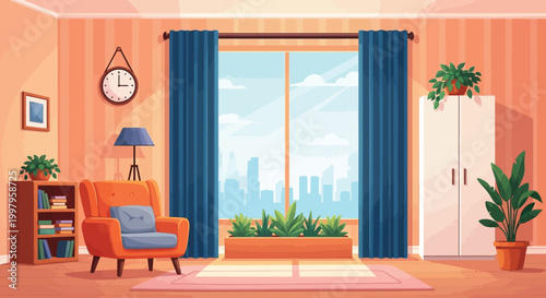 A brightly lit living room features an armchair plants a clock and a scenic city view through large windows