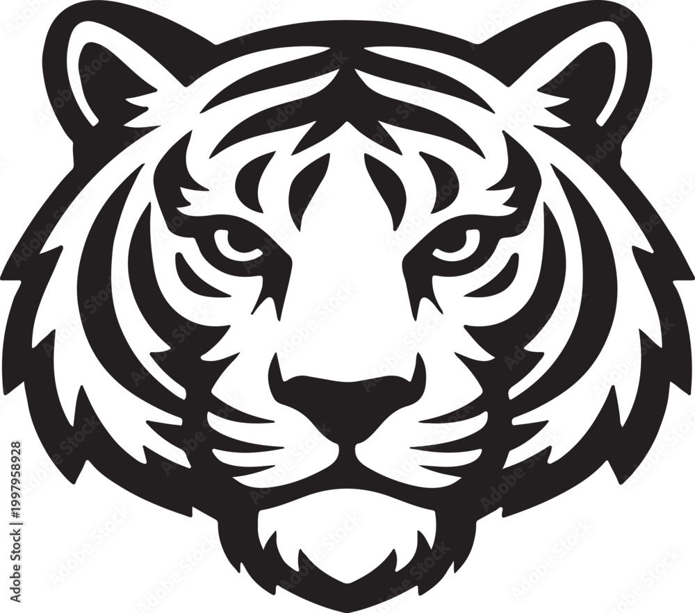 Fototapeta premium Tiger head silhouette black and white graphic design on a white background