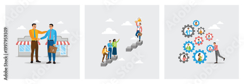 Handshake Between Business Partners. Sill Gap to Reach Successful. Businessman Fix Cogwheel Gears.