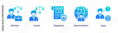 Legal service icon set with lawyer,client,and regulatory icons.Perfect for law firms and corporate legal services.