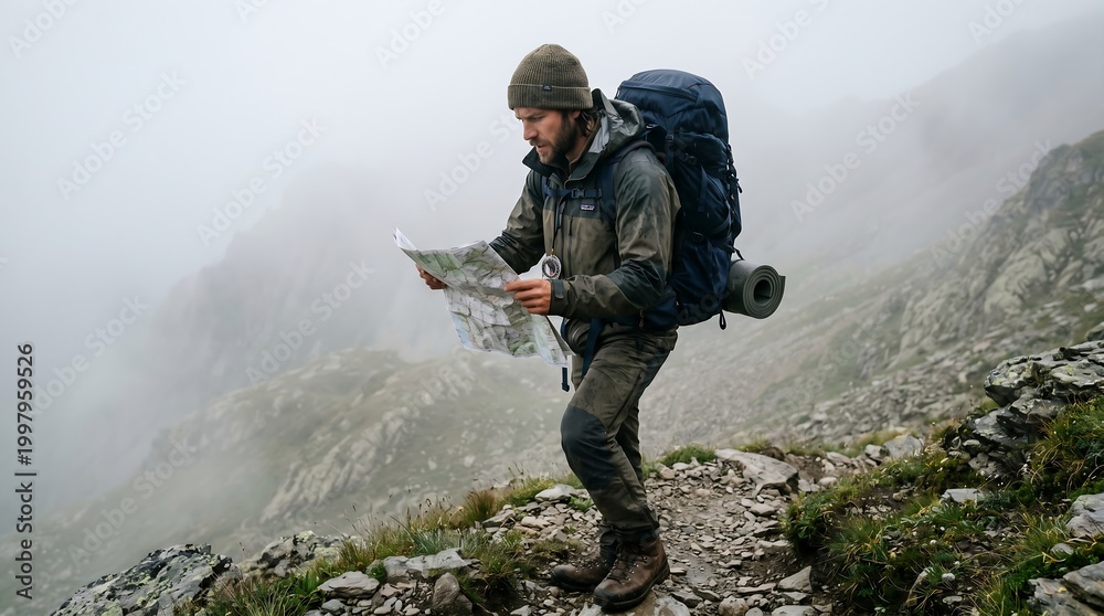 Fototapeta premium Hiker with backpack studies map on foggy mountain trail closely