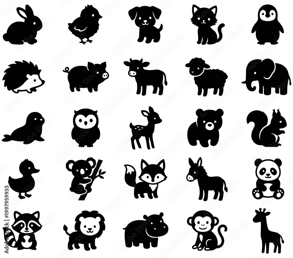 Obraz premium Collection of Silhouette Animals Icons, Including Farm, Forest, and Zoo Creatures