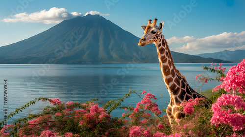 Beautiful bay of Lake Atitlan with a view of Volcano San Pedro in the highlands of Guatemala, Central America. A giraffe is standing between the pink flowers. 