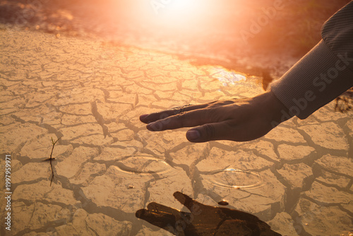 The hand of a person is touching a pond that is about to dry up because of the drought.