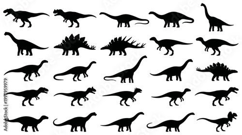 Extensive collection of diverse dinosaur silhouette graphics, ideal for educational projects, children's books, and design