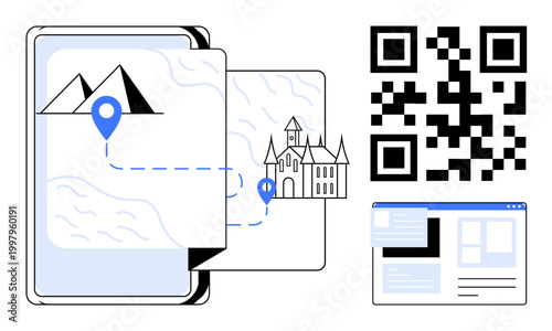 Travel planning, geolocation, tourism apps, modern navigation, mapping solutions, QR code technology. A tablet, map QR code and website interface. Travel planning and geolocation concepts