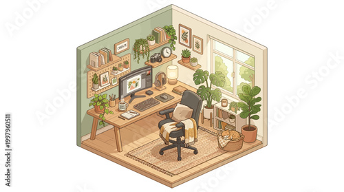 Isometric view of a person working on a computer in a cozy studio apartment with plants and furniture.