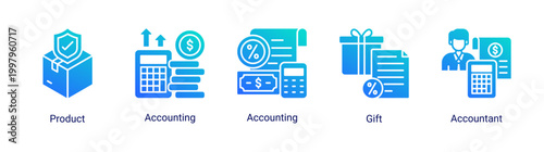 Finance service icon set featuring product,accounting,gift,and financial service icons.Suitable for business and corporate finance use.