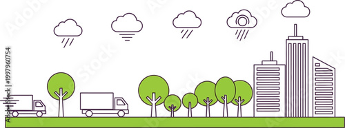 Skyscrapers and trucks form a stylized urban landscape with rainy weather patterns.