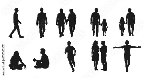 Collection of diverse human silhouettes in various poses and activities.