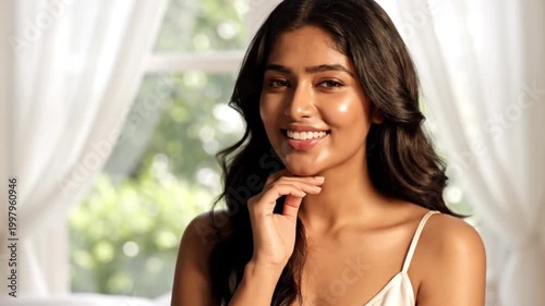 Woman with long dark hair smiling and posing by a