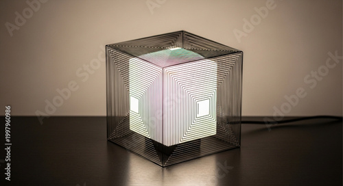 Abstract glowing light cube in a wireframe enclosure, creating a captivating visual experience with vibrant, evolving colors, ideal for modern interior design