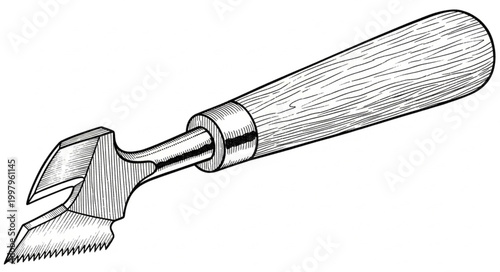 Classic utility opener line art illustration, depicting a traditional style can opener and bottle opener with a wooden handle and durable metal head for various kitchen applications